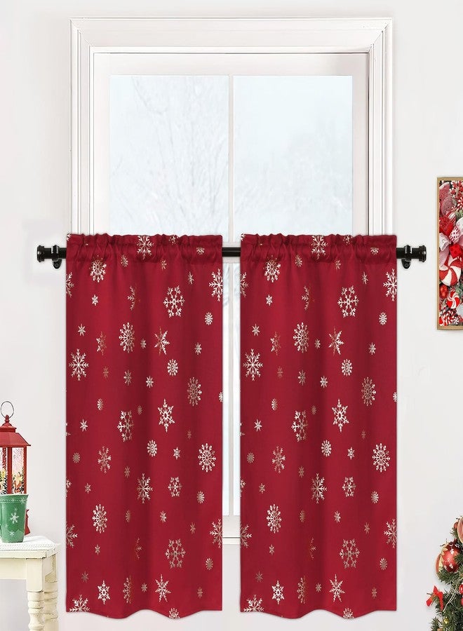FRAMICS Snowflake Foil Print Tier Curtains - 36 Inch Length, Rod Pocket Red Christmas Curtains for Kitchen, 26" W x 36" L, 2 Panels - Image 1